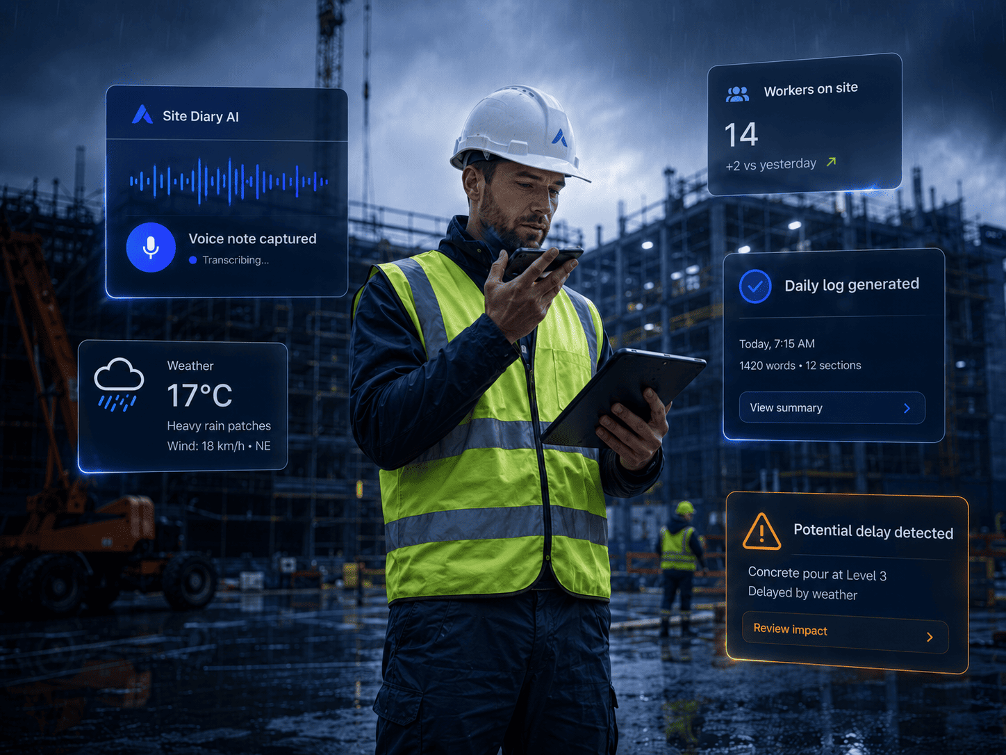 AxionSite Site Diary AI showing daily log creation with weather source, worker headcount, voice briefing and structured site diary preview.
