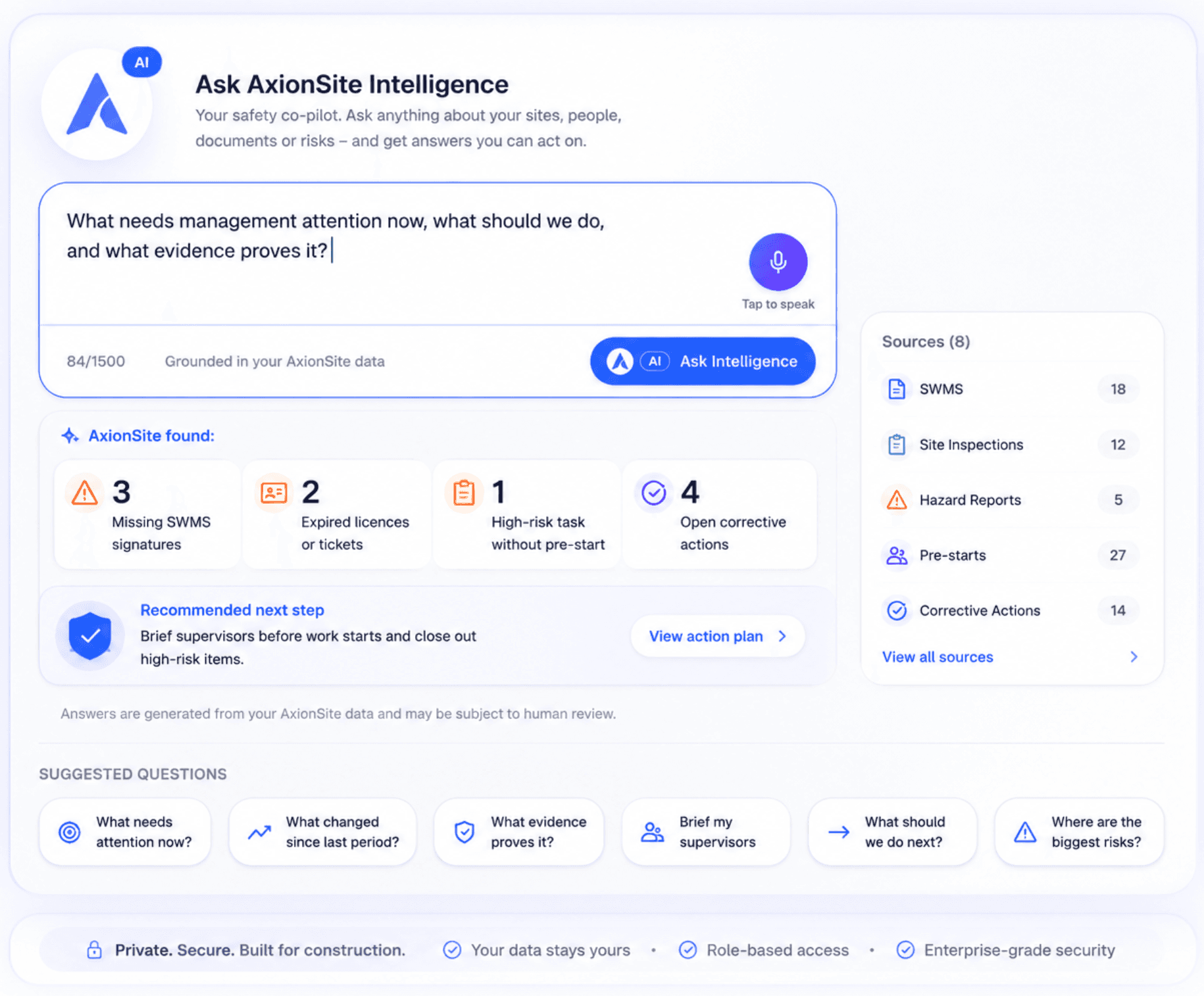 AxionSite Ask Intelligence dashboard with source-backed safety briefings and suggested questions
