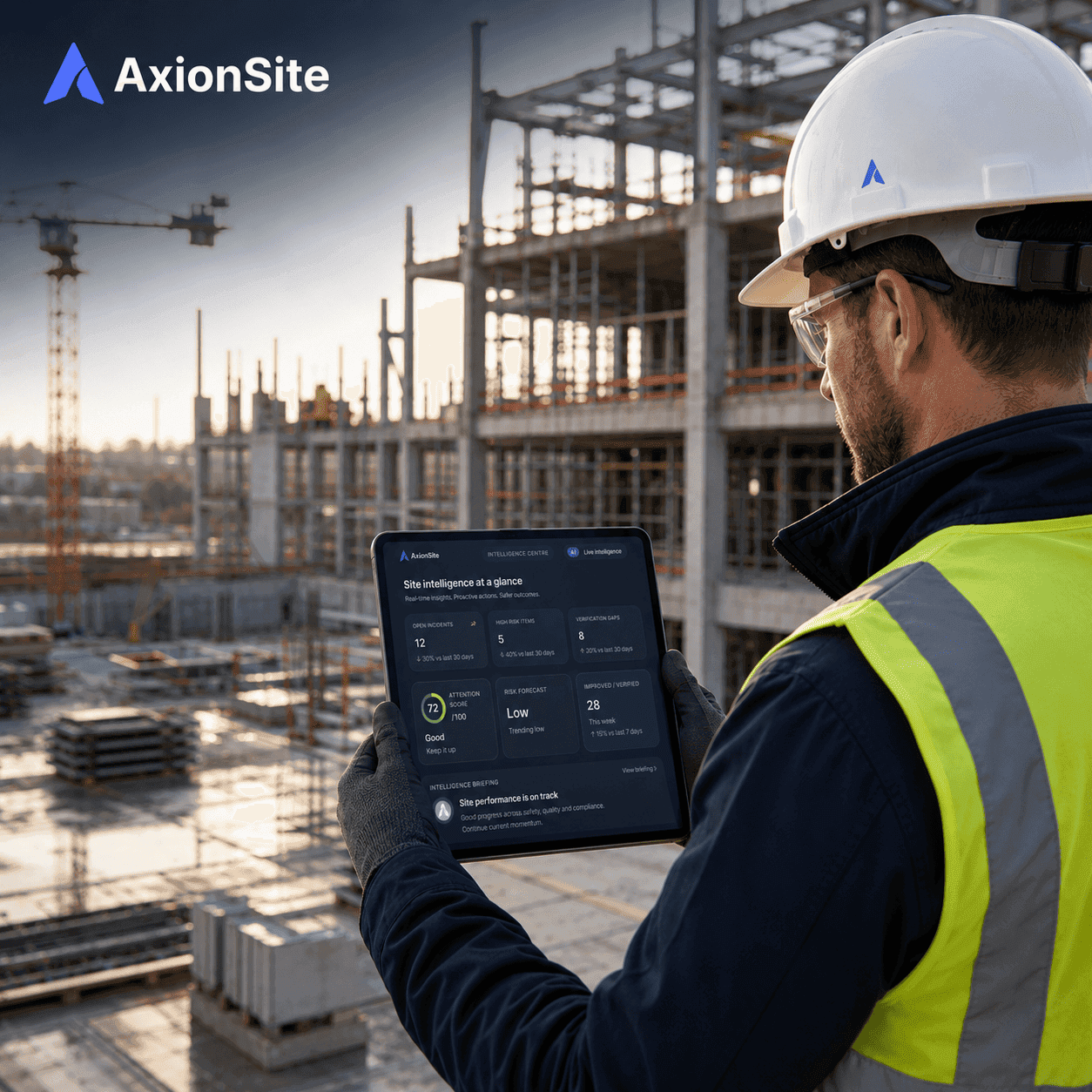 AxionSite Intelligence Centre Dashboard showing site compliance, attention score, incident warnings, inspections, hazards, and contractors tracking