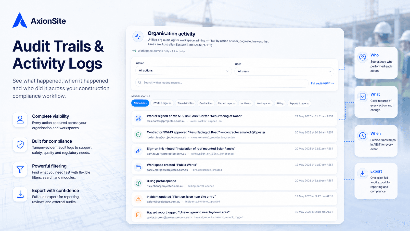AxionSite organisation activity and audit trail with actions, users, timestamps and export controls