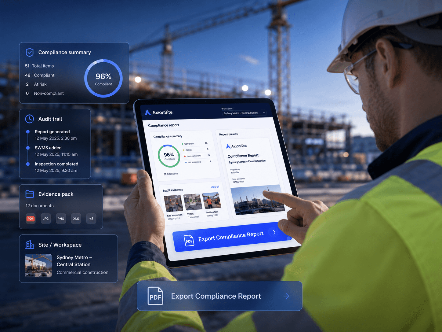 AxionSite compliance exports workspace showing branded SWMS PDFs, register extracts and audit evidence reports ready for download
