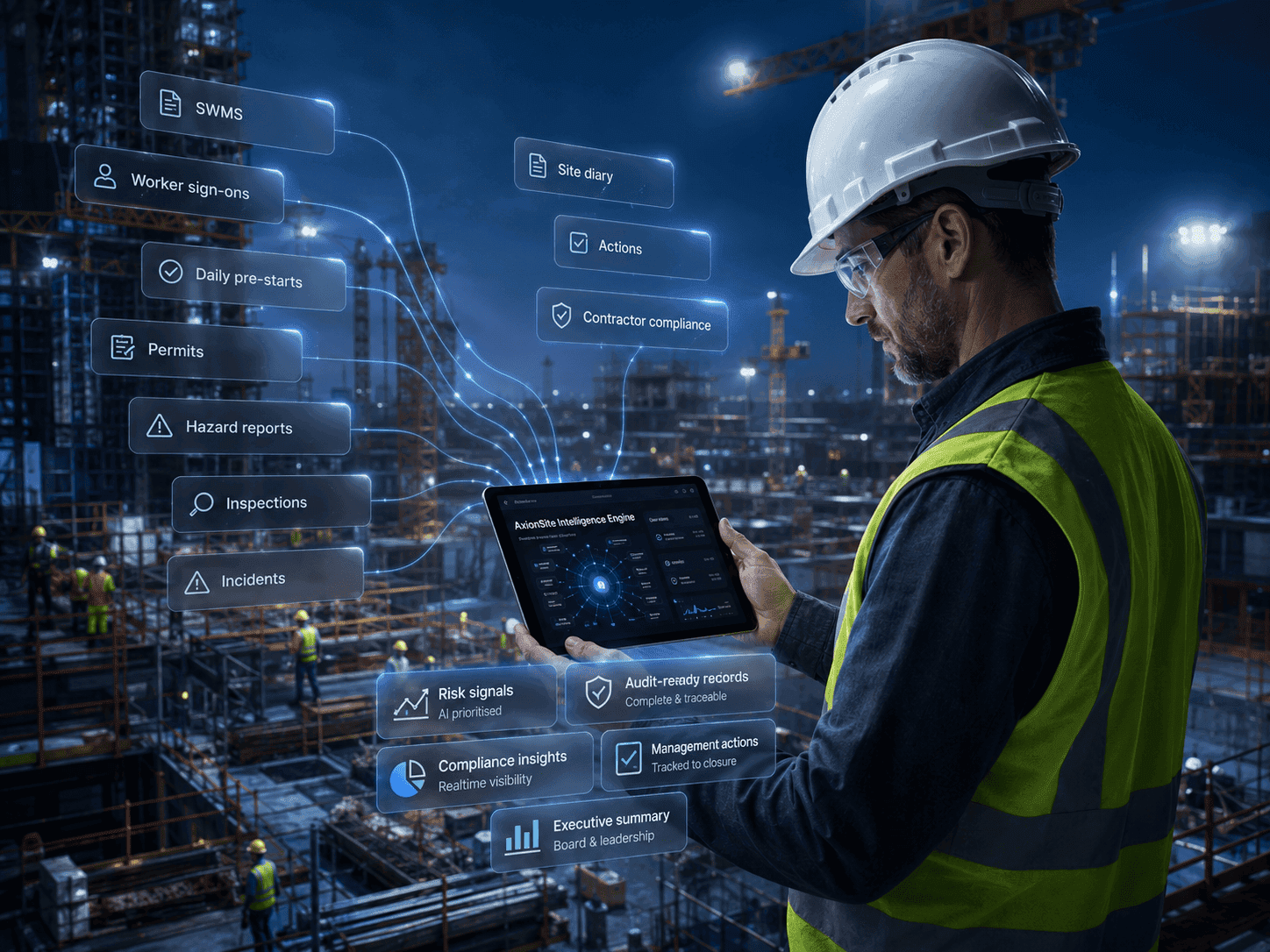 AxionSite enterprise intelligence layer — connected WHS, SWMS review, sign-ons and audit-ready records for multi-site teams
