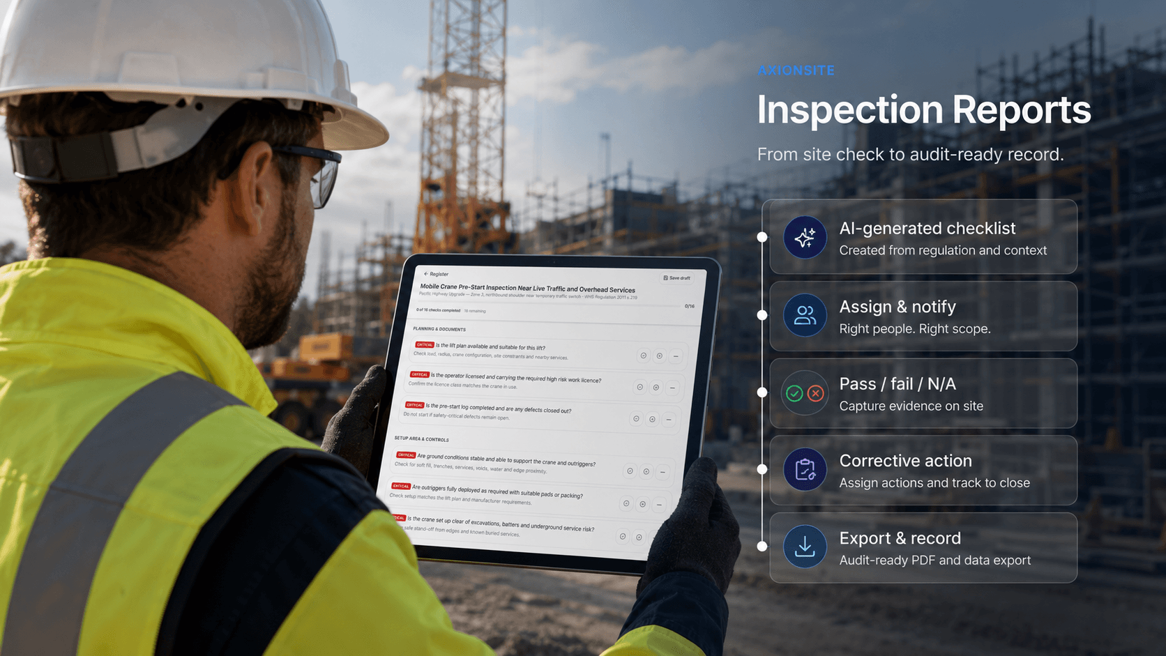 Construction worker using AxionSite to complete a site inspection report on a tablet.