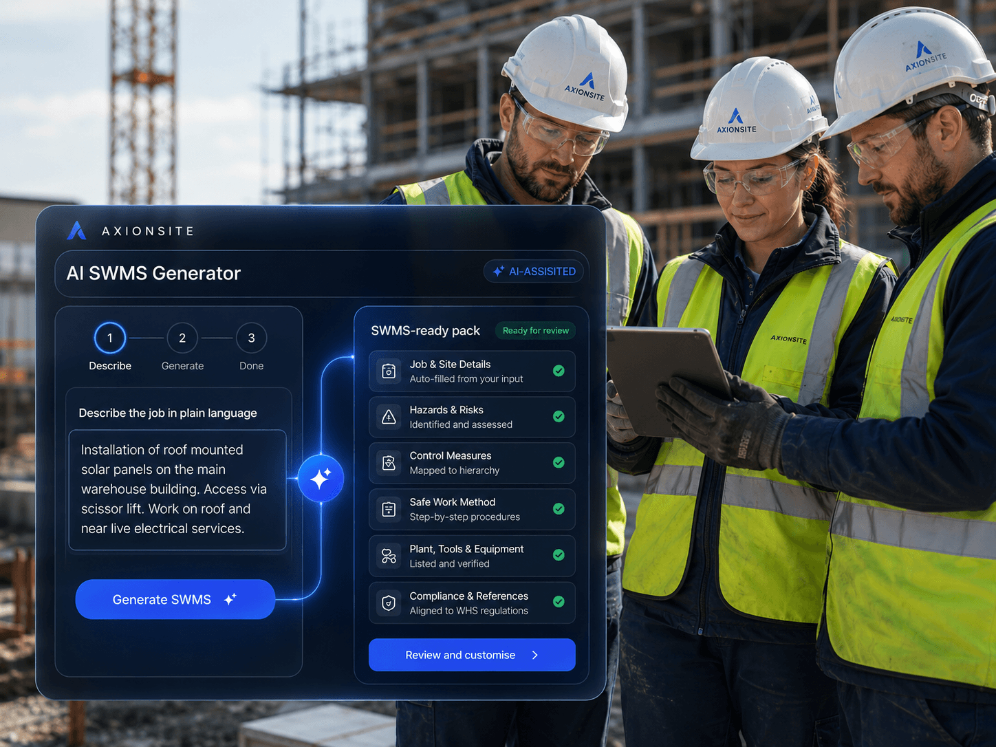 Construction workers using AxionSite’s AI SWMS Generator to create a Safe Work Method Statement on a building site.