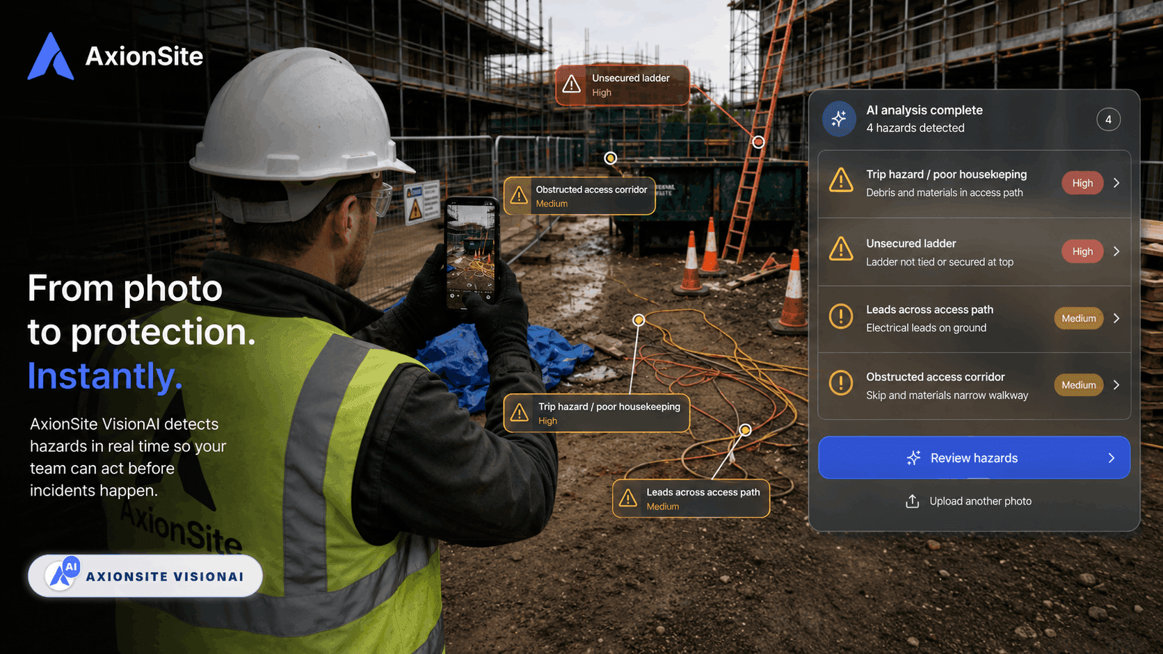 Construction worker using AxionSite to create a structured hazard report from a site photo on desktop.