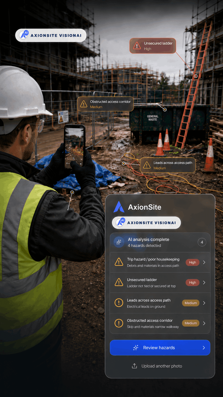 Construction worker using AxionSite to create a structured hazard report from a site photo on a mobile device.