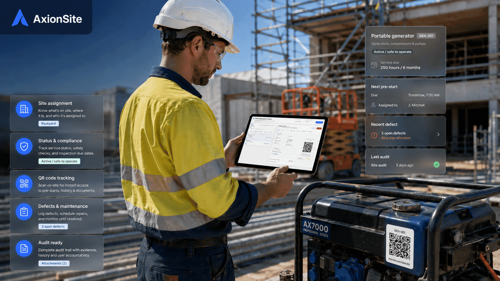 AxionSite plant and equipment register showing asset records, site assignment, registration details and QR pre-start workflow for Australian construction sites.