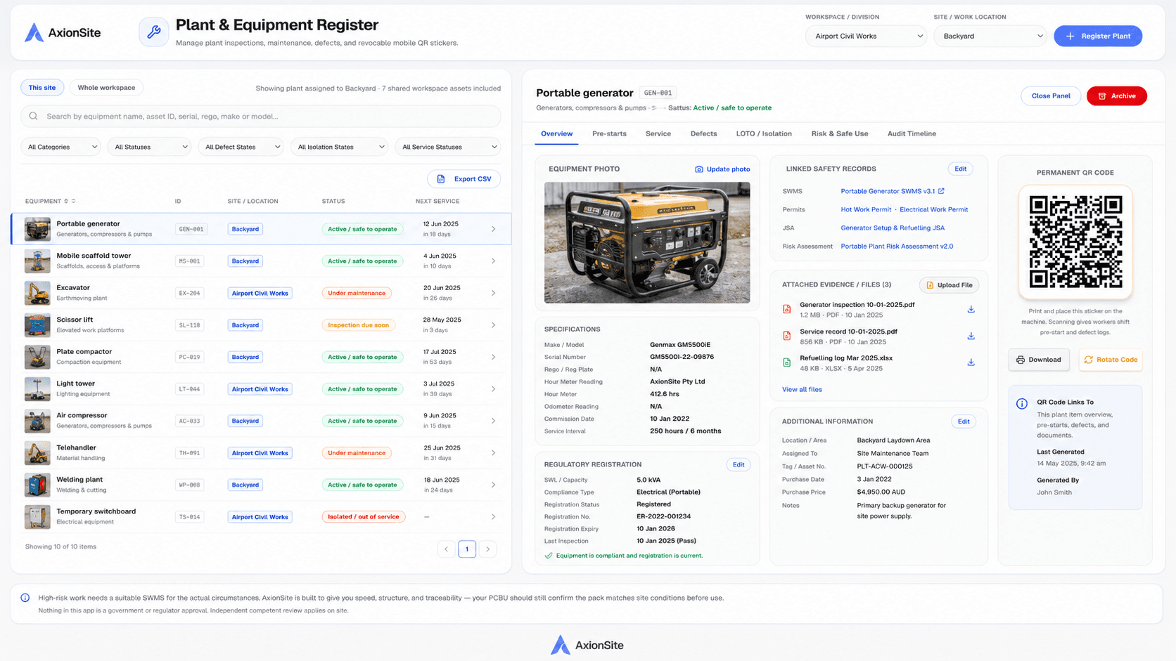 AxionSite plant and equipment register dashboard showing asset list, site filters, registration details, linked SWMS and permits, and QR pre-start workflow.