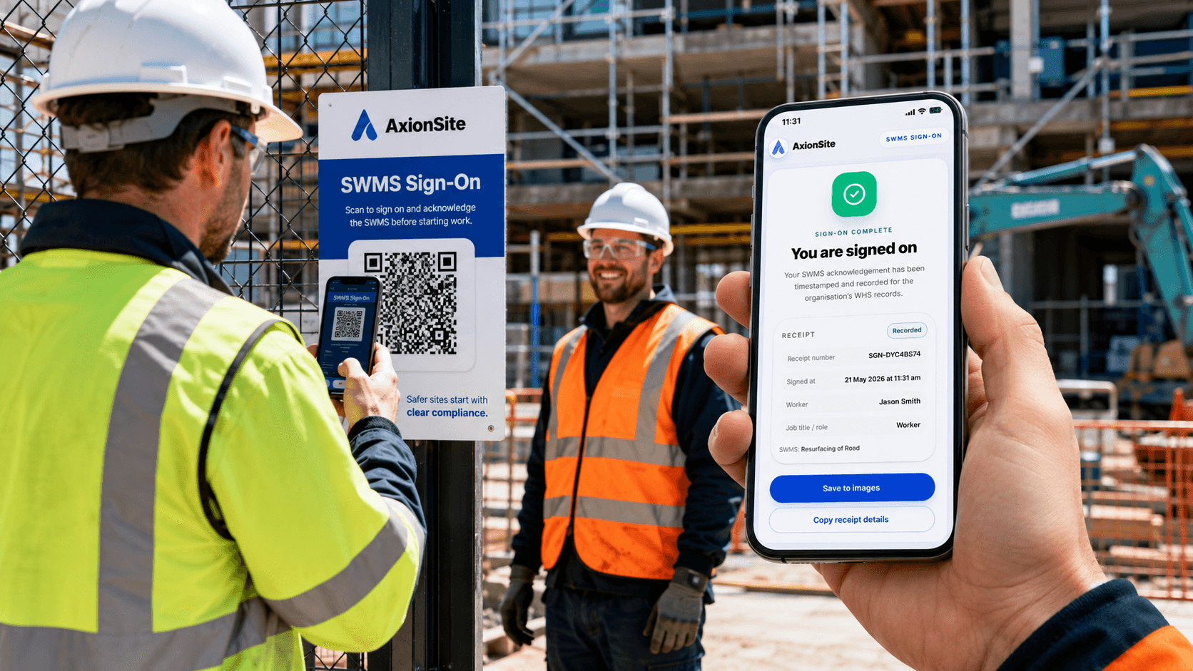 Worker scanning an AxionSite SWMS sign-on QR code and viewing a completed mobile sign-on receipt