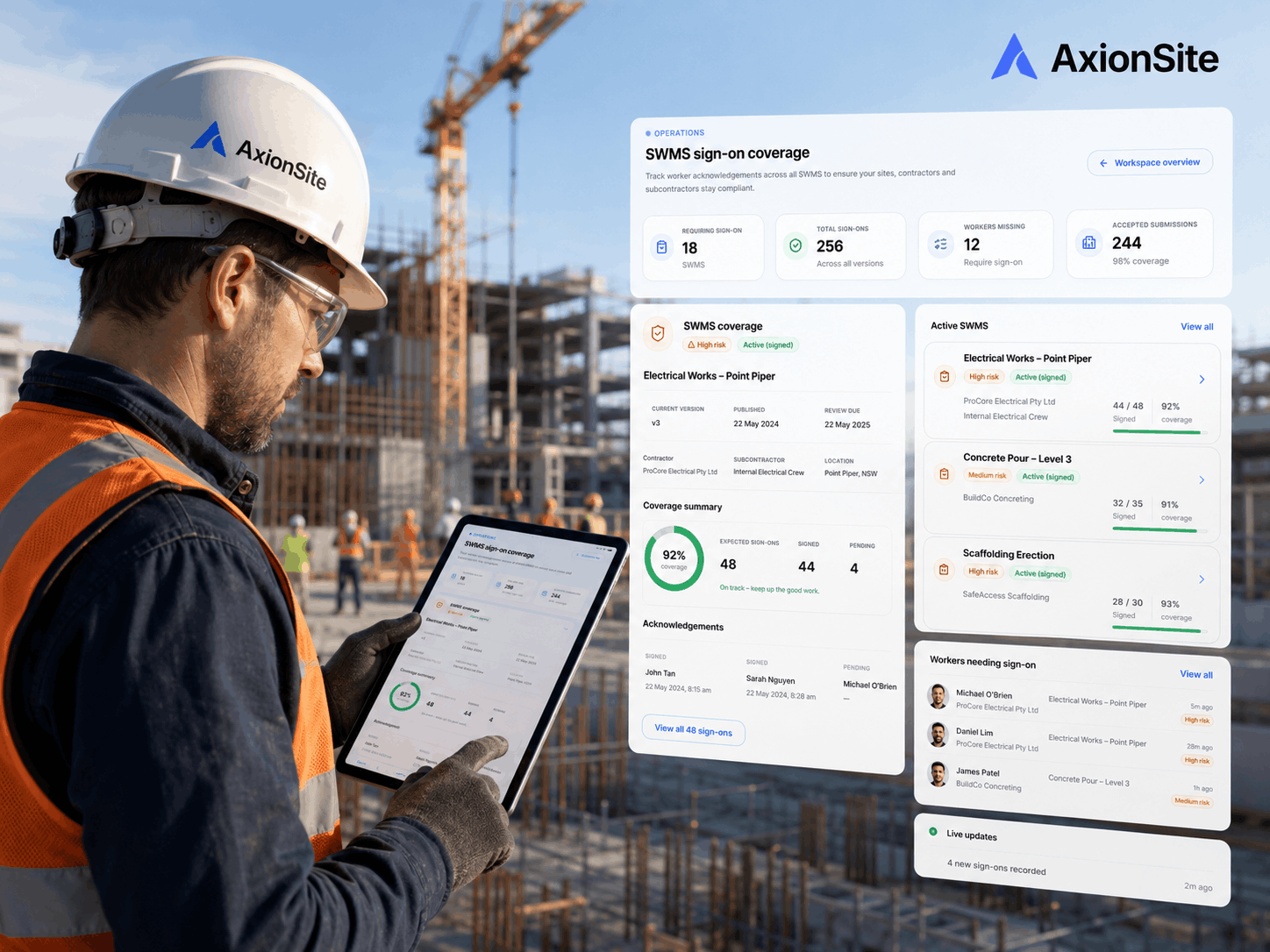 A construction worker scanning their White Card and completing a mobile safety induction at a site gate.