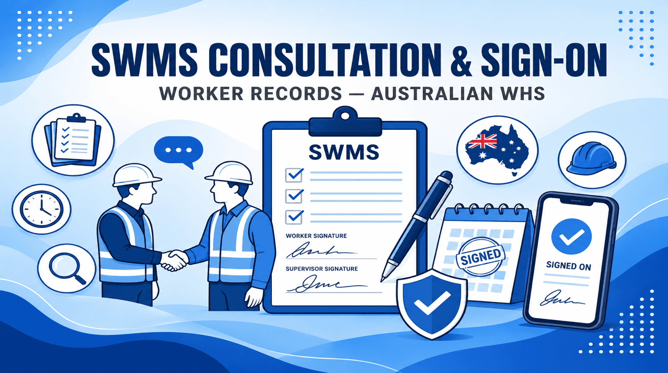 Vector illustration — SWMS worker consultation, sign-on records, and Australian workplace health and safety banner