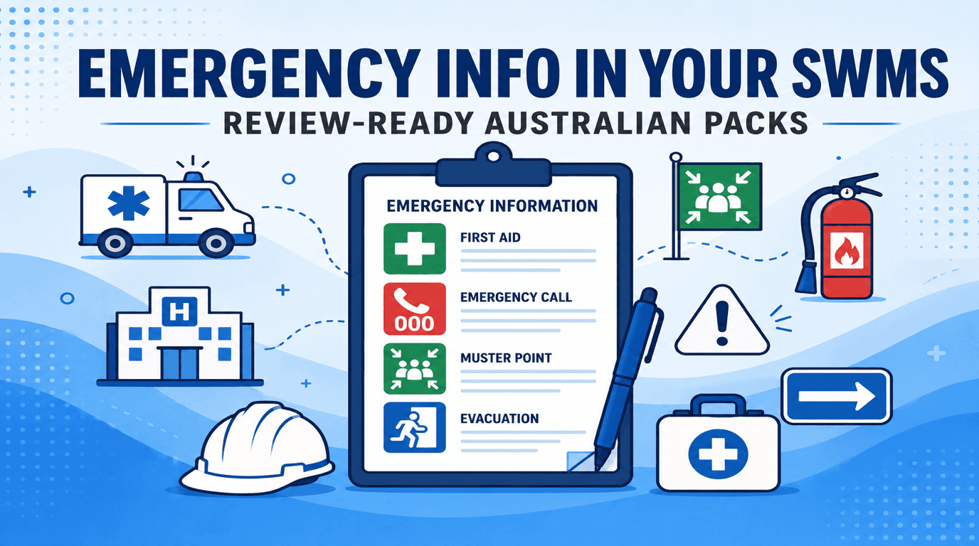 Vector illustration — emergency procedures and first response in Australian SWMS documentation banner