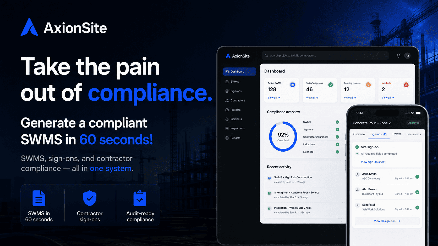 Builder on a construction site using AxionSite to create a SWMS with risk controls and worker sign-off