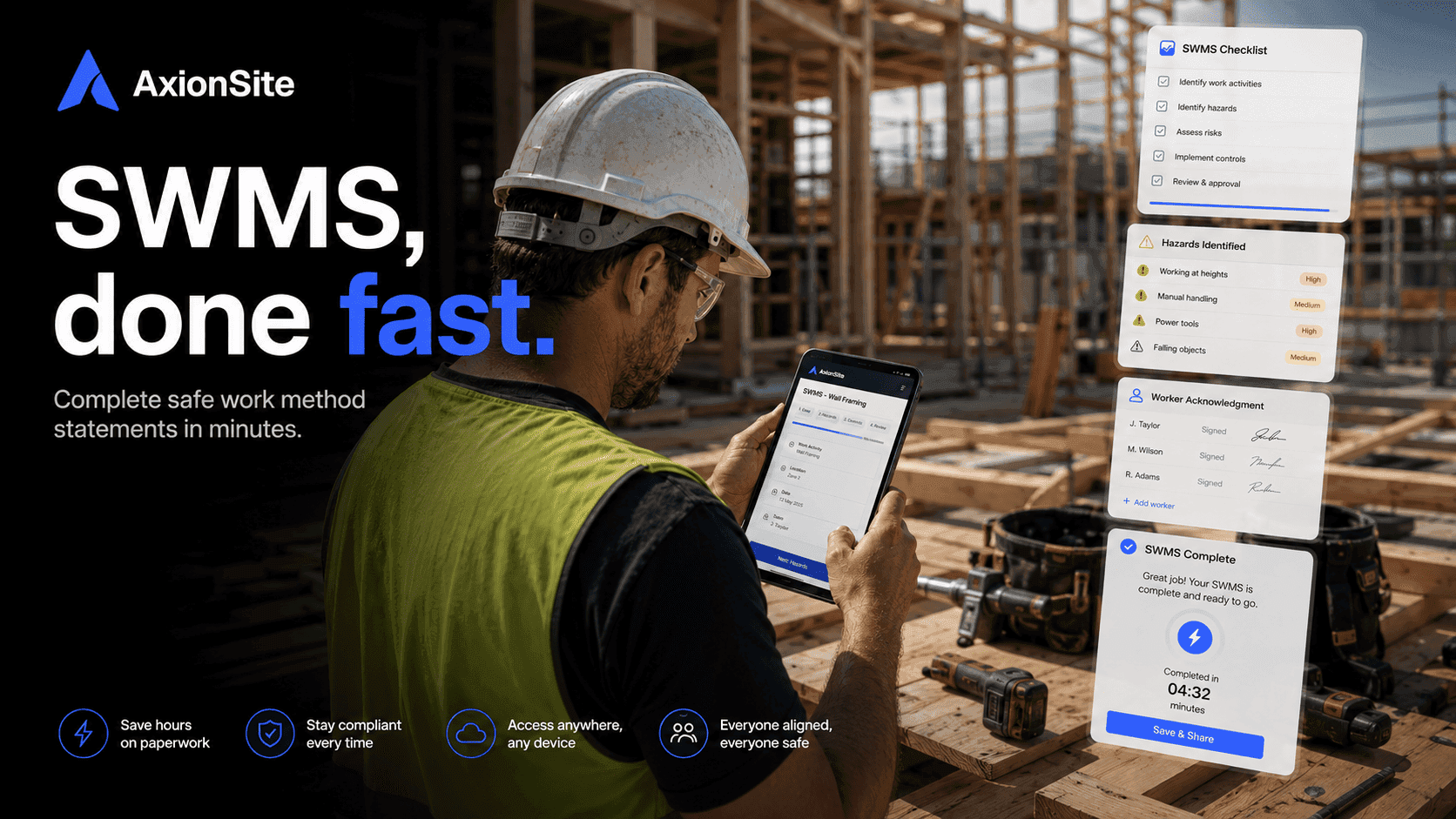 AxionSite SWMS wizard for wall framing — complete a site-specific SWMS in minutes