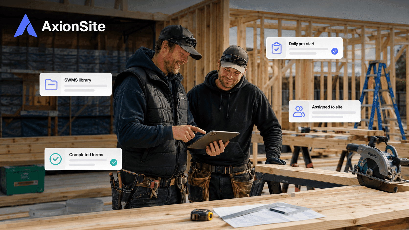 Two carpenters on a framing site using AxionSite for crew SWMS sign-on and daily pre-starts