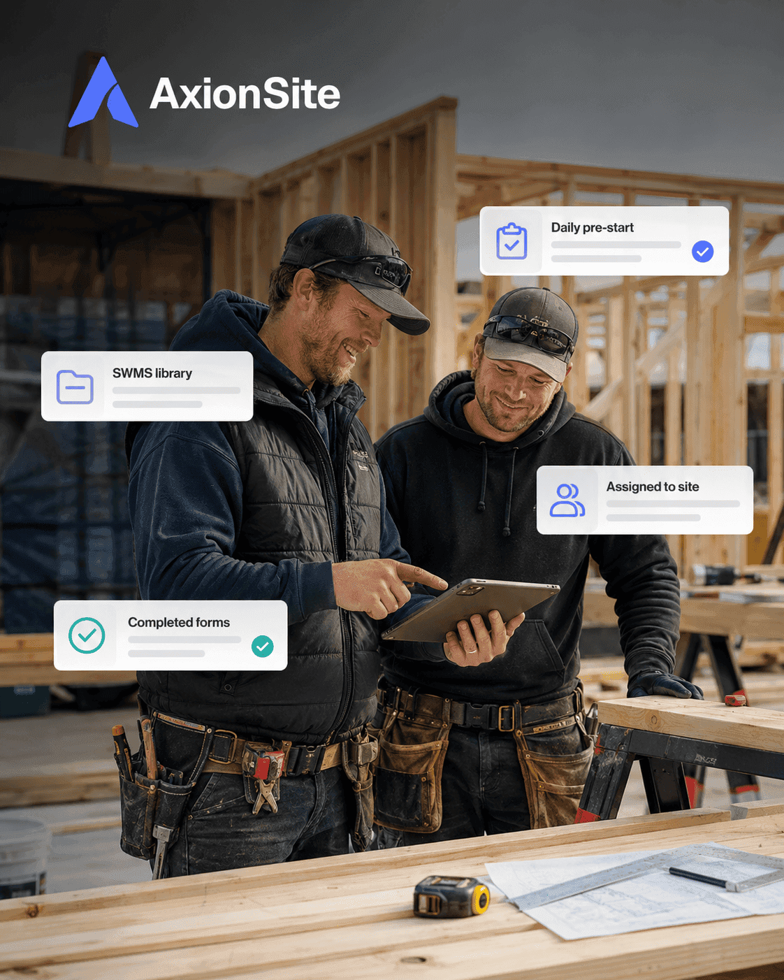 Two carpenters reviewing SWMS and pre-start records on a timber framing site