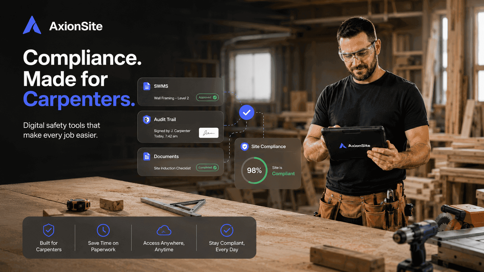 Sole trader carpenter using AxionSite for wall-framing SWMS compliance and digital sign-off