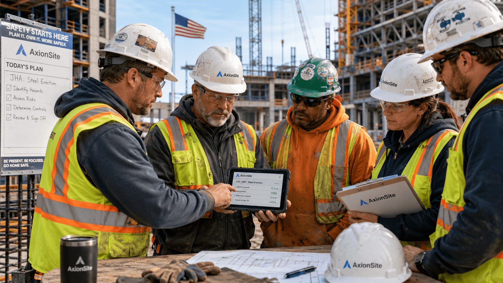 Construction crew reviewing a steel erection JHA on a tablet at the jobsite planning table with AxionSite safety signage