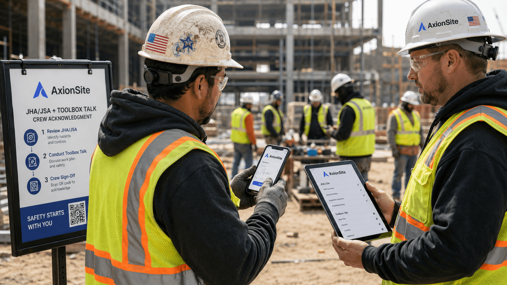 Worker scanning a JHA/JSA and toolbox talk QR poster while a supervisor tracks checklist completion on a tablet