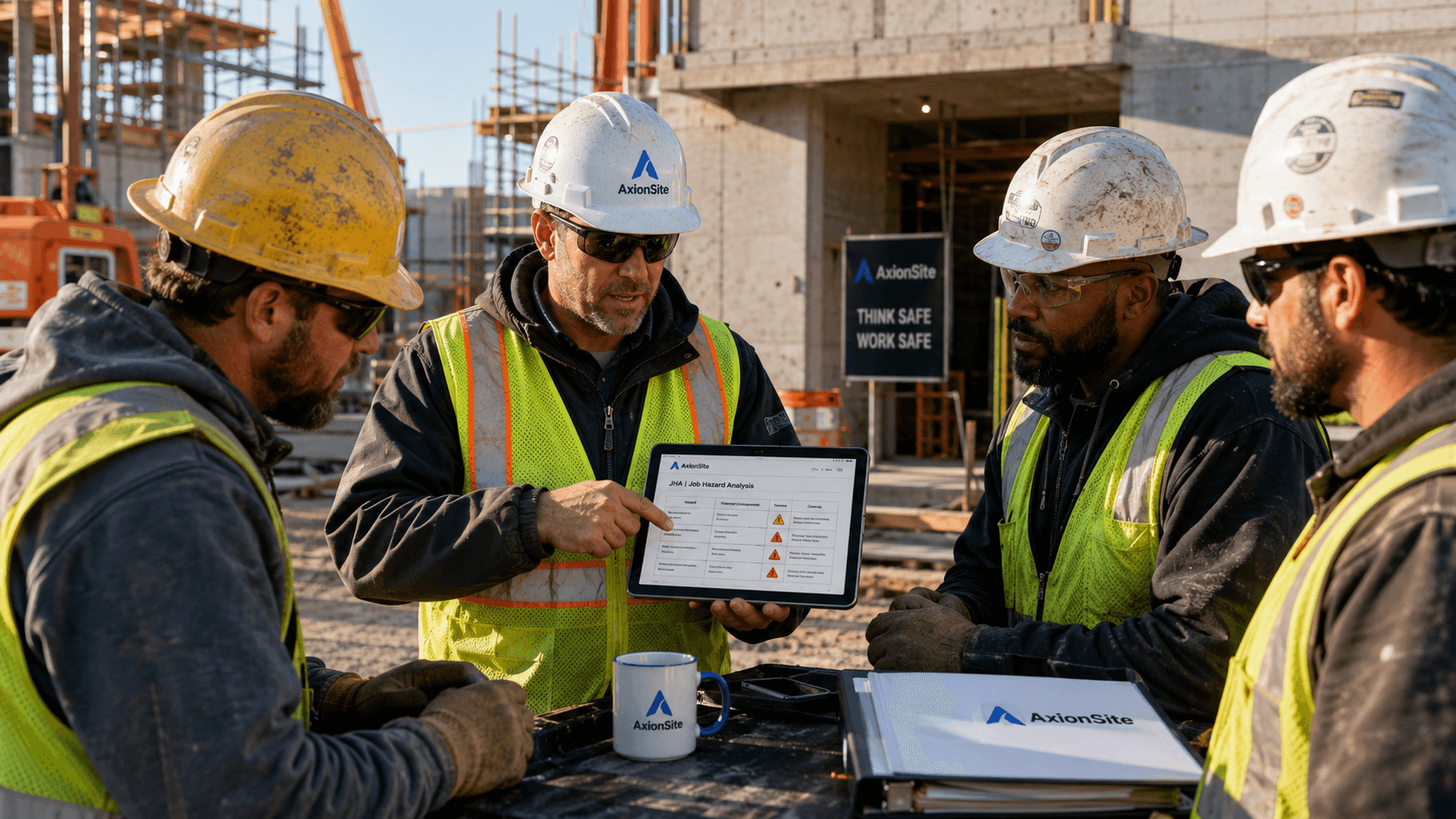 Foreman showing job hazard analysis hazards and controls on a tablet during a field toolbox briefing