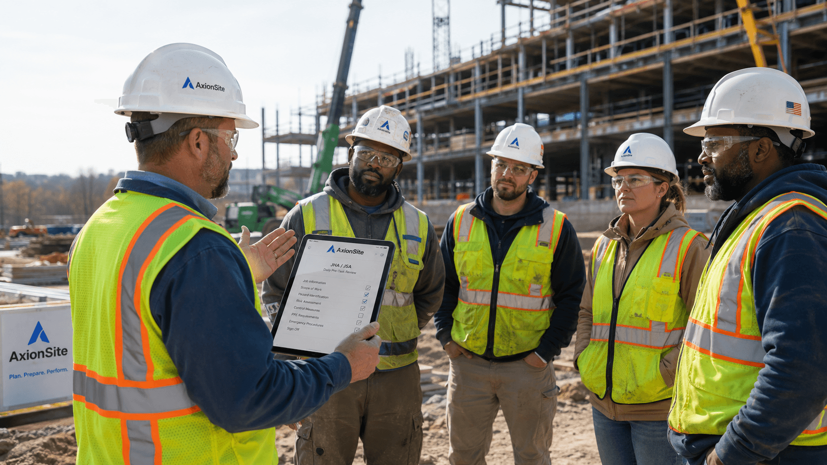 Competent person leading a daily pre-task JHA/JSA review with crew on an active construction site
