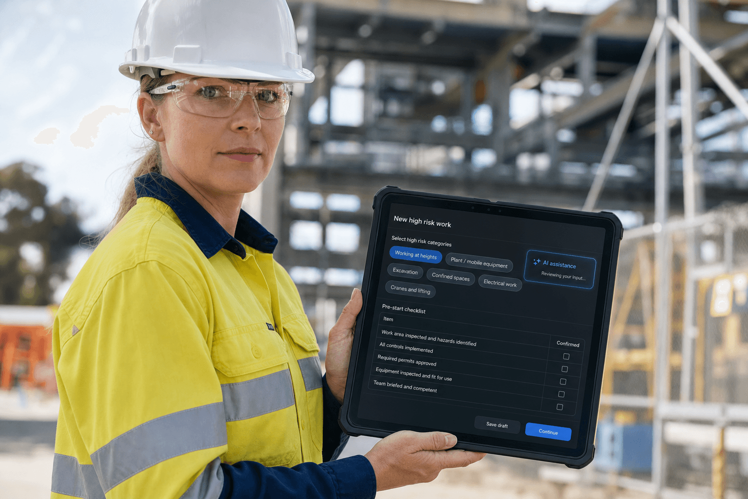 Safety lead on site reviewing structured high-risk categories and SWMS-aligned fields on a tablet