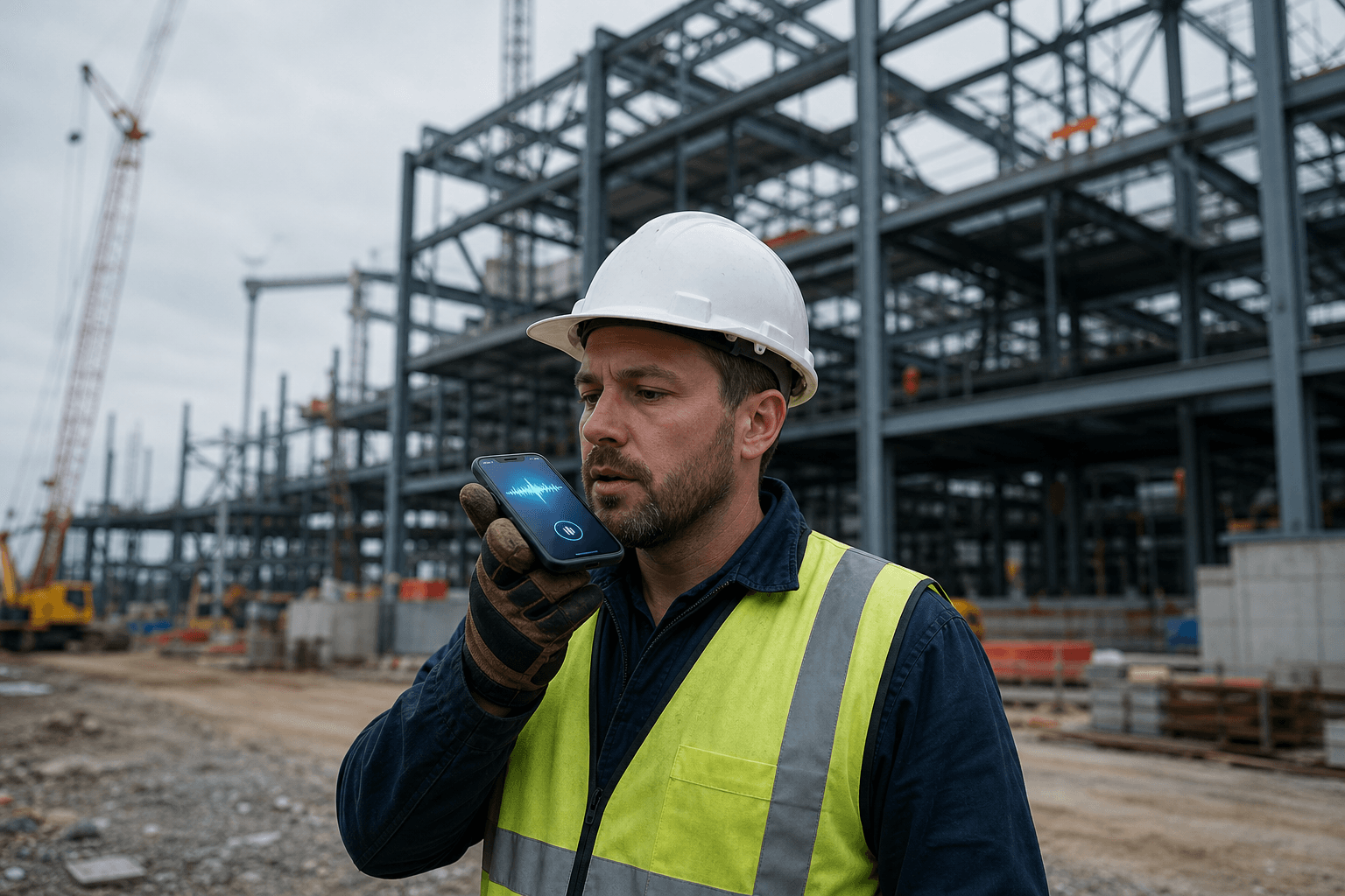Supervisor on site speaking into a phone to dictate job details for the AxionSite wizard